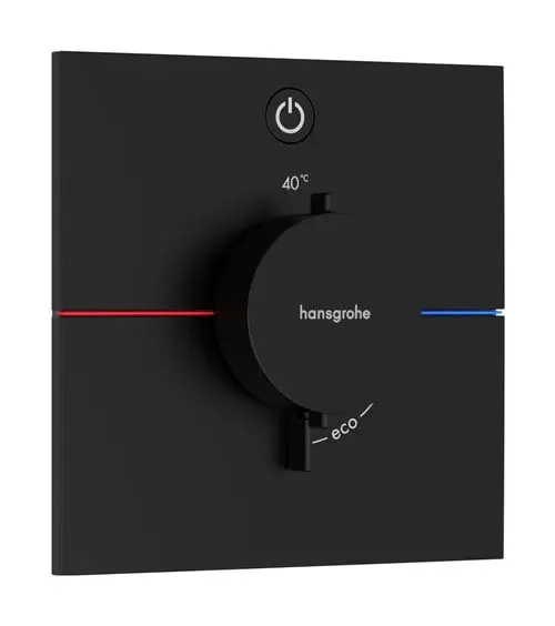 Schwarzes Thermostat von Hansgrohe mit Drehknopf zur Temperatureinstellung und Eco-Funktion, ausgestattet mit einem Ein/Aus-Schalter oben.